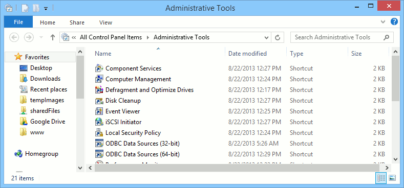 La ventana de Herramientas Administrativas de Windows.
