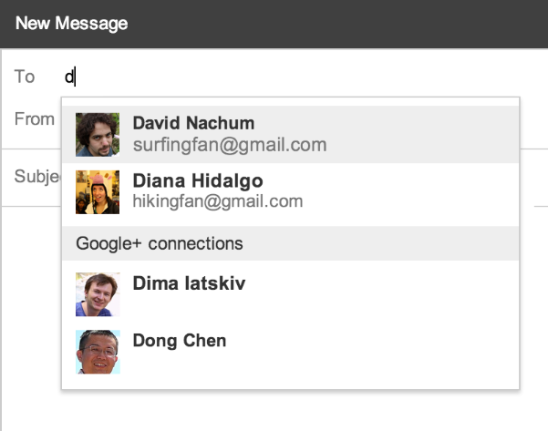 Nueva lista de sugerencias de destinatarios de Gmail que incluye las conexiones de Google+.