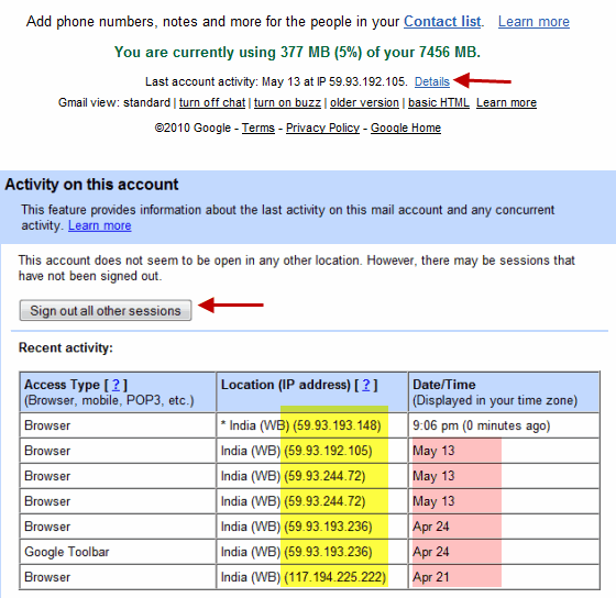 Detalles de la actividad de la cuenta de Gmail