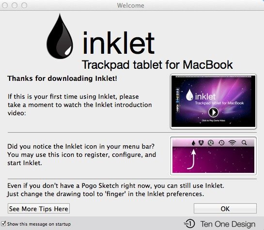 La pantalla de bienvenida de Inklet le presenta la aplicación.