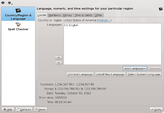 Captura de pantalla de la configuración del sistema KDE por país/región