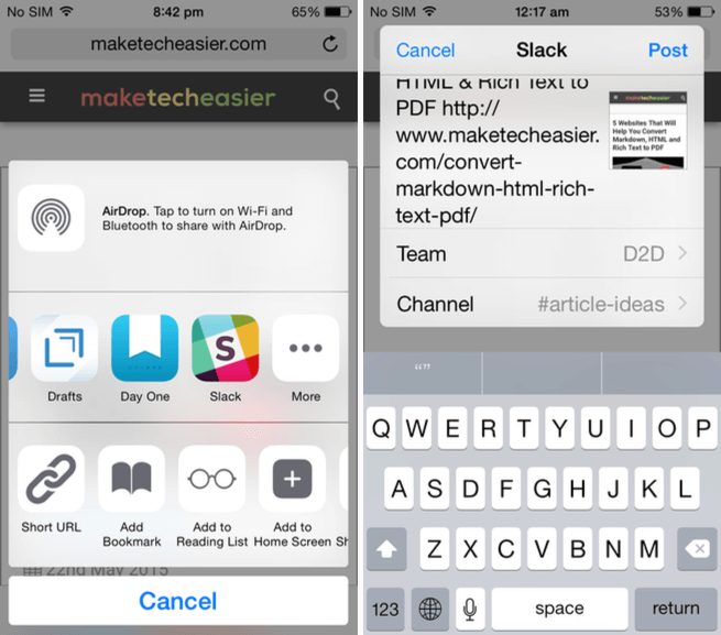 Activar la extensión Slack iOS en Safari.